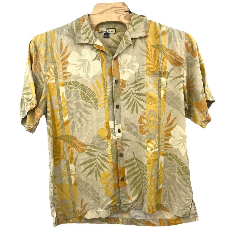 Tommy Bahama 100% Silk Shirt L Hawaiian Yellow Multicolar Floral Tropical READ